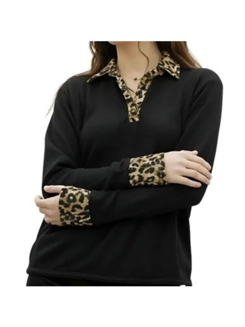 Lane Bryant Women's 18/20 Black Layered Look Sweater Leopard Satin Trim